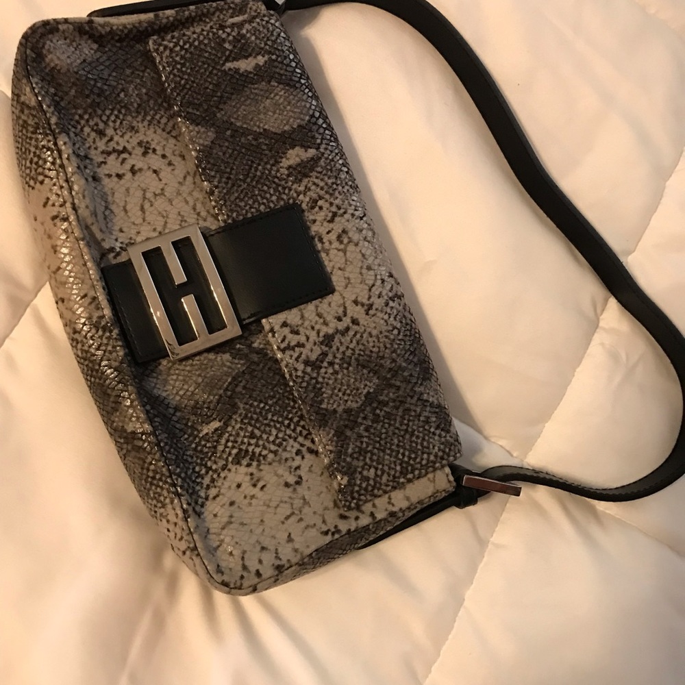 Snake-Print Foldover Clutch Wristlet in Gray and Cream
